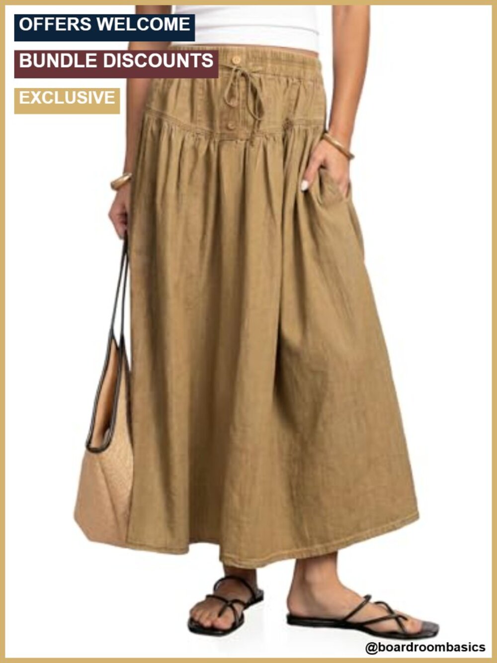 Women Drawstring High Waisted A-Line Denim Midi Skirt with Pockets